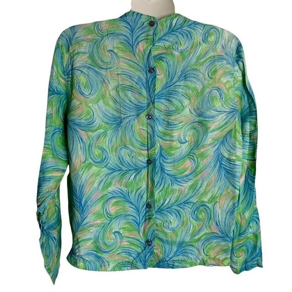 Vintage Embroidered Neck Long Sleeve Blouse S Blue Peacock Button Back Ruffle - Picture 2 of 4